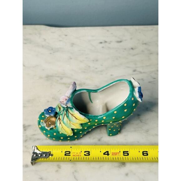 Vintage Hand Painted Shoe High Heel Polka Dots 3D Flowers Leaf Green 4" Japan - Picture 10 of 11
